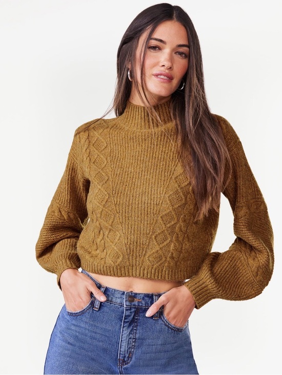 Scoop Sweaters - Scoop Women’s Balloon Sleeve Crewneck Cropped Sweater Camel Tan L (12-14) NEW